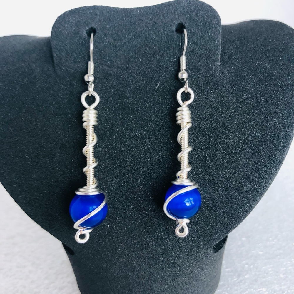 Blue cats eye glass bead wire wrap dangle earrings handmade 2”